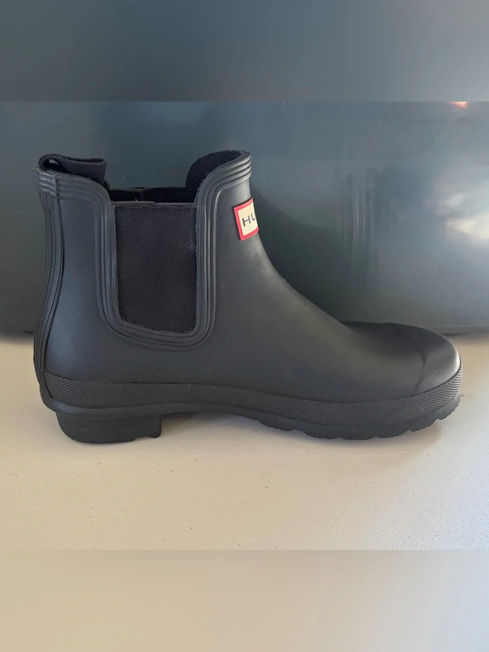 Hunter Black Short Chelsea Rain Boots with Red Logo